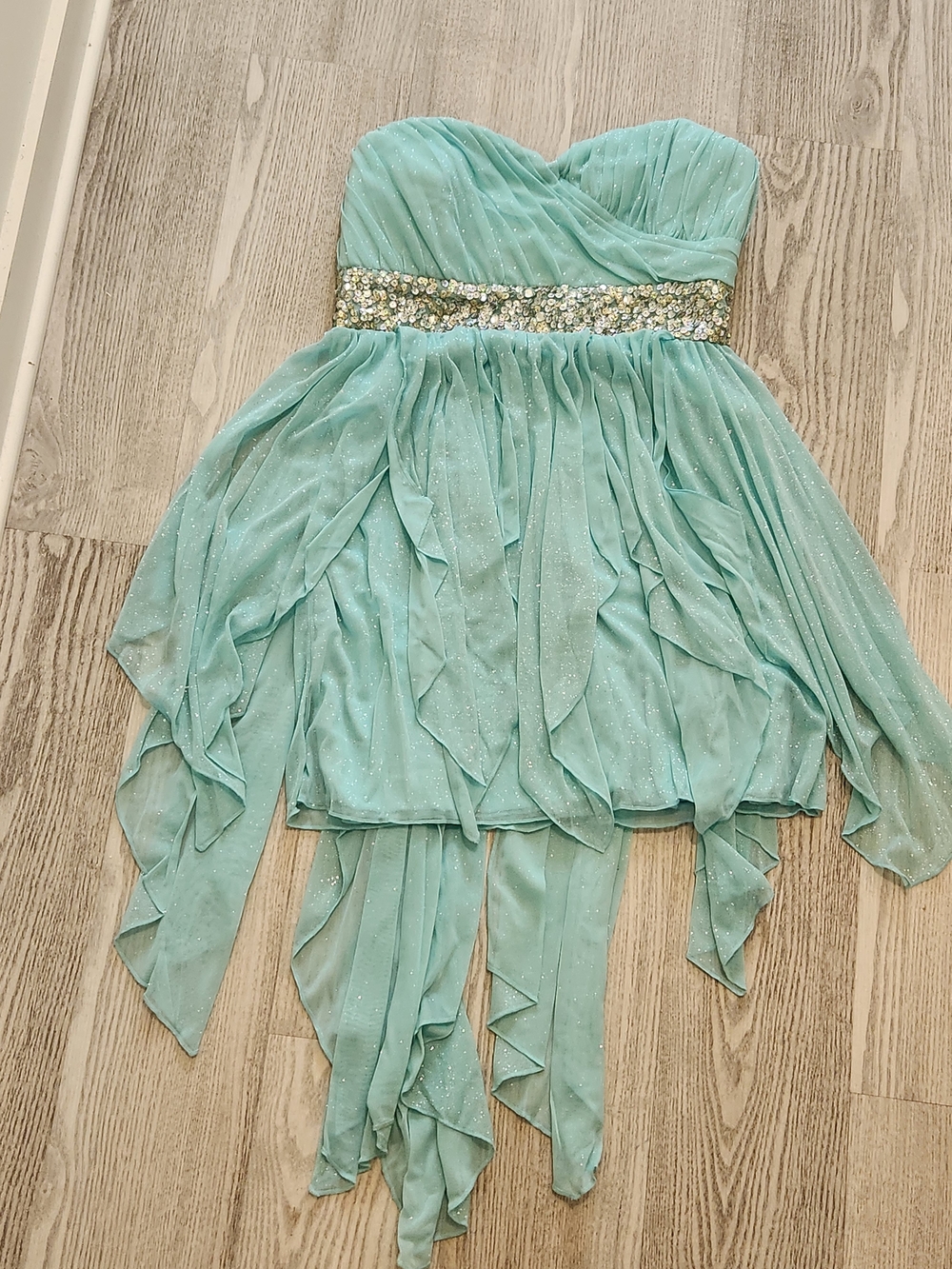 Mint Strapless Beaded Waist Handkerchief Hem Party Dress